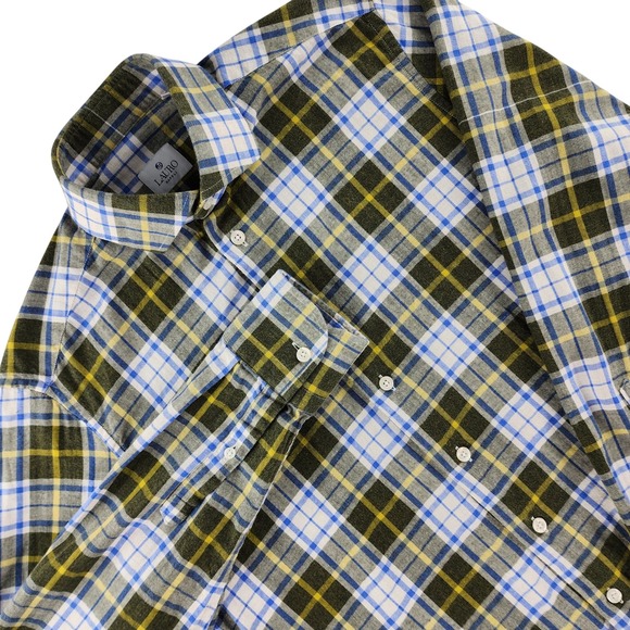Lauro Napoli Other - Lauro Napoli Shirt Mens 15.75 40 Olive Blue Plaid 100% Cotton Made in Italy